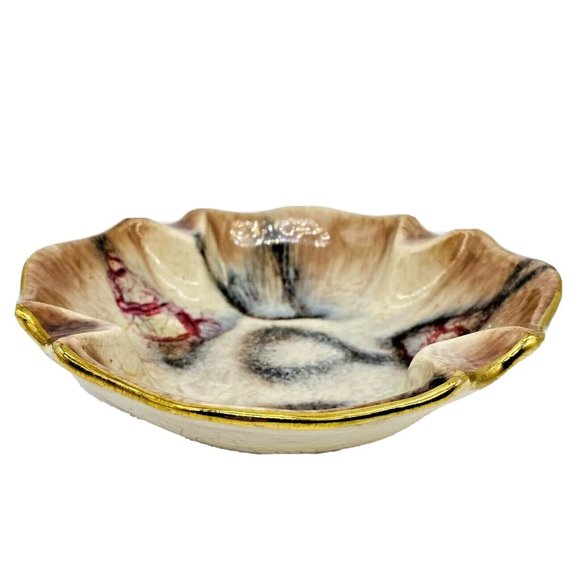 1950 Bay Keramik West Germany 737 Ashtray Trinket Candy Dish MCM Glaze Gold Gilt - Picture 1 of 7